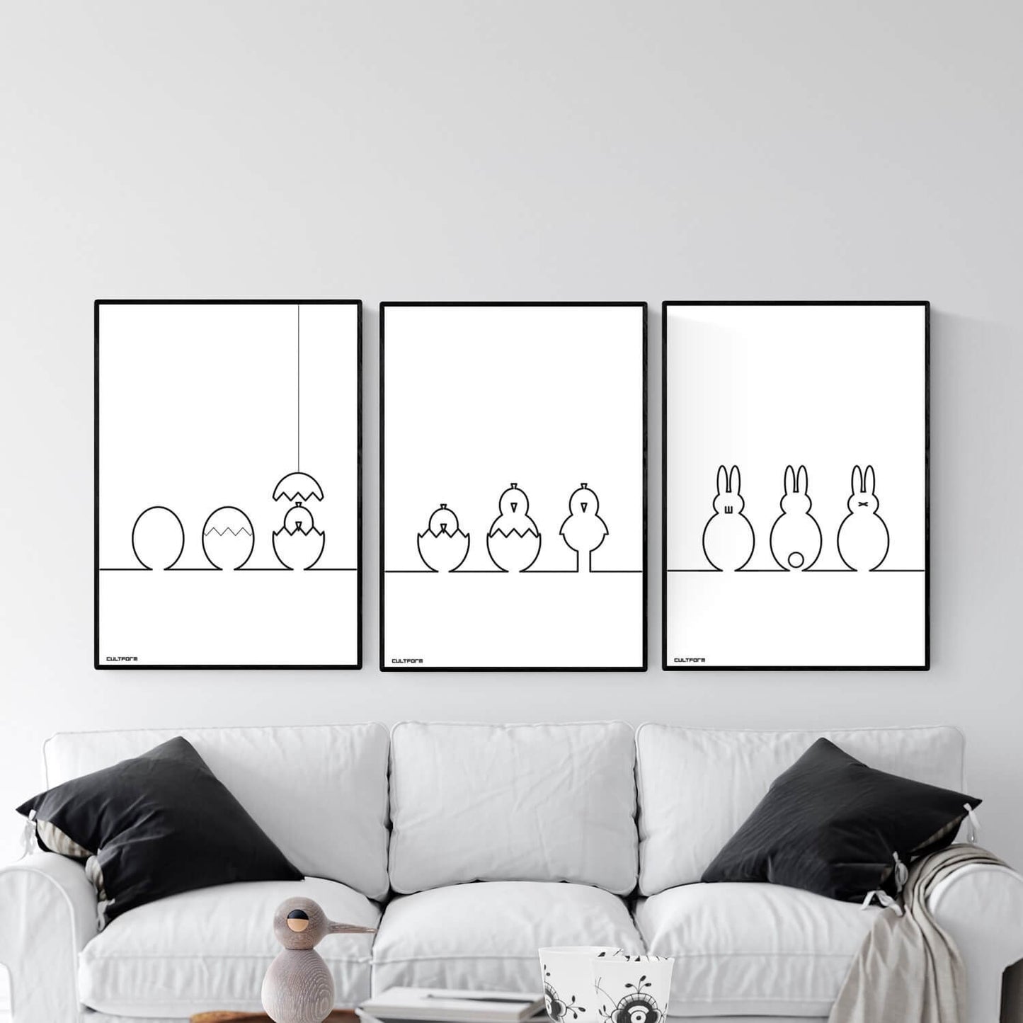 Stampa grafica poster di Pasqua "Pulcini e coniglietti Line Black Set di 3"