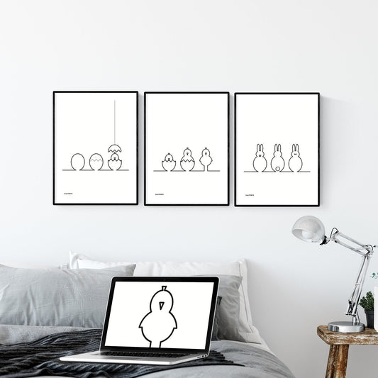Manifesto di Pasqua: Grafica "Pulcini e coniglietti in linea nera, set da 3" Scarica