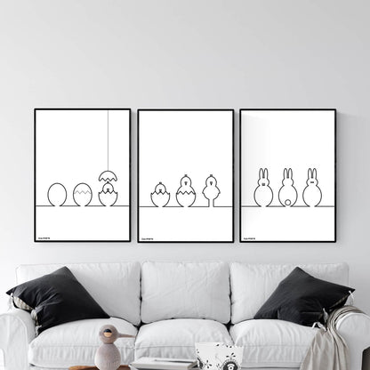 Osterposter: Grafik "Küken und Hasen Linie Schwarz 3er Set" Download