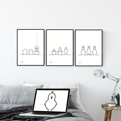 Osterposter: Grafik "Küken und Hasen Linie Schwarz 3er Set" Download