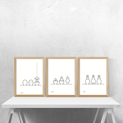 Osterposter: Grafik "Küken und Hasen Linie Schwarz 3er Set" Download